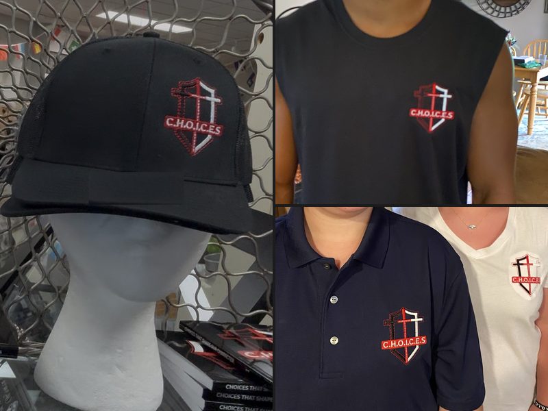 Black CHOICES trucker hat with embroidered shield logo